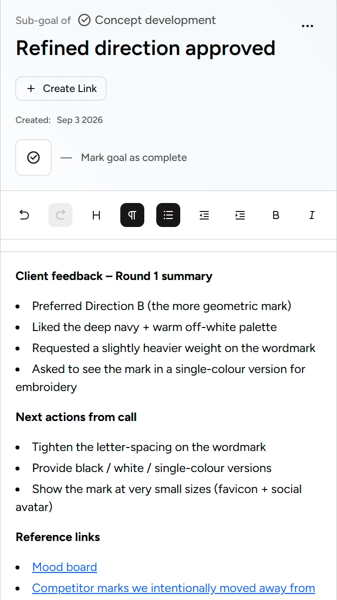 Mobile goal page