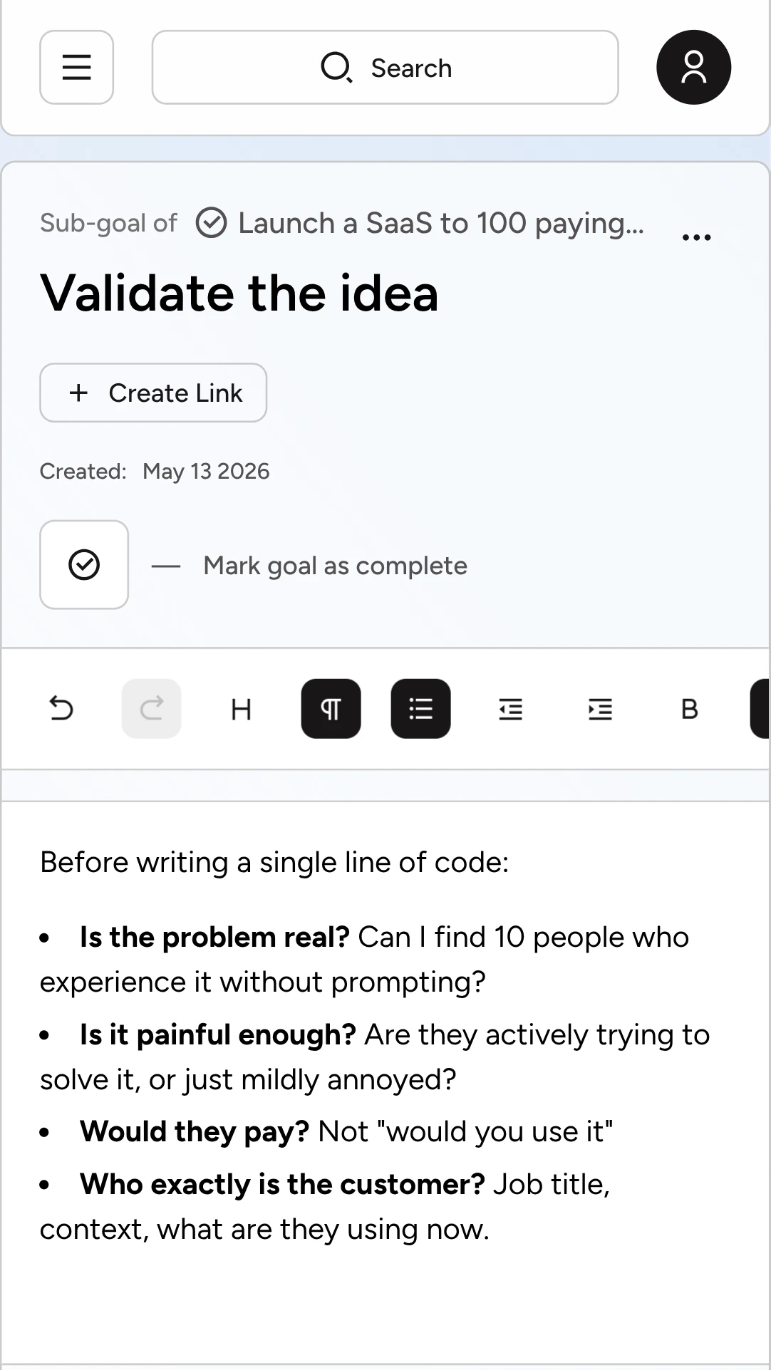 Mobile goal page